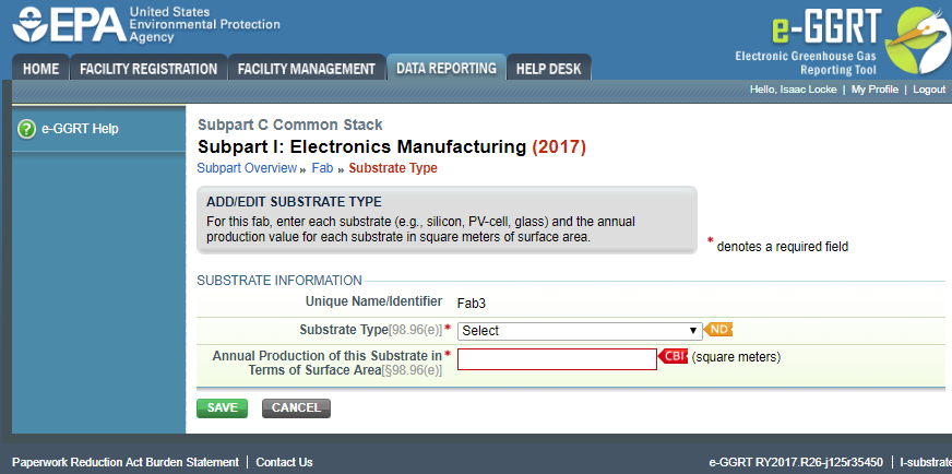 Subpart I: Electronics Manufacturing webpage with the "Annual Production of this substrate in Terms of Surface Area" field highlighted.